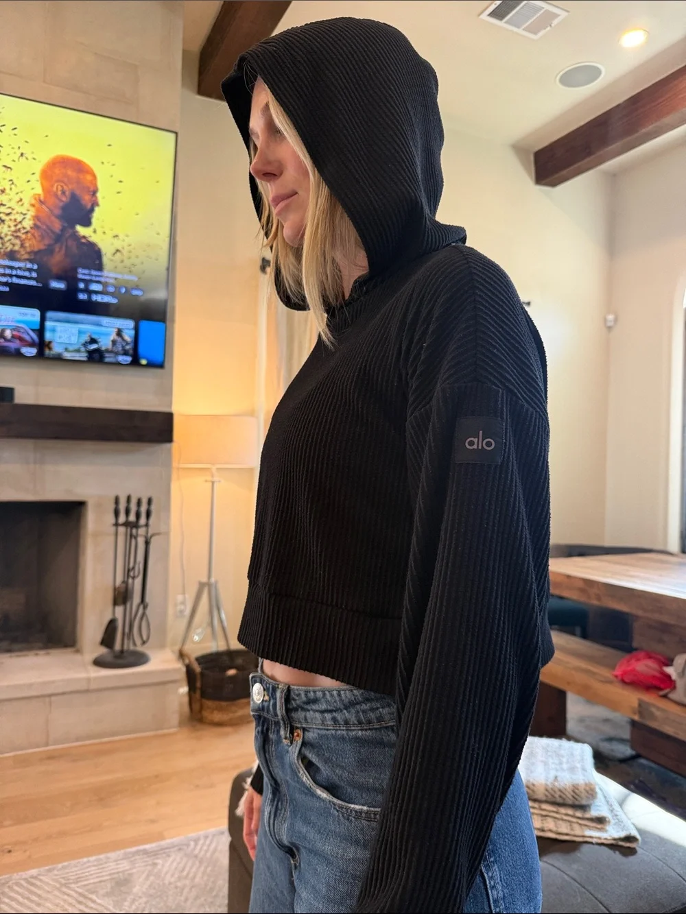 ALO Yoga Black Ribbed Hoodie Sweatshirt